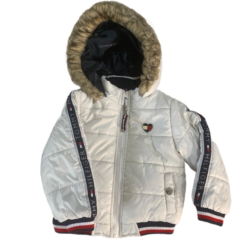 Tommy Hilfiger Toddler Girls White Logo Arm Puffer Jacket Faux‎ Fur Trim 18M